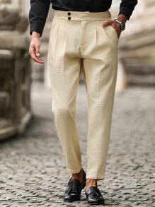 Manfinity Bizformal Men's Front Button Pocket Pleated Simple Casual Pants, Daily Wear - Beige - View 1