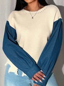 Zolique Pull col rond à manches longues, bicolore, casual, en tricot pour femmes, automne-hiver - Multicolore - Voir 1
