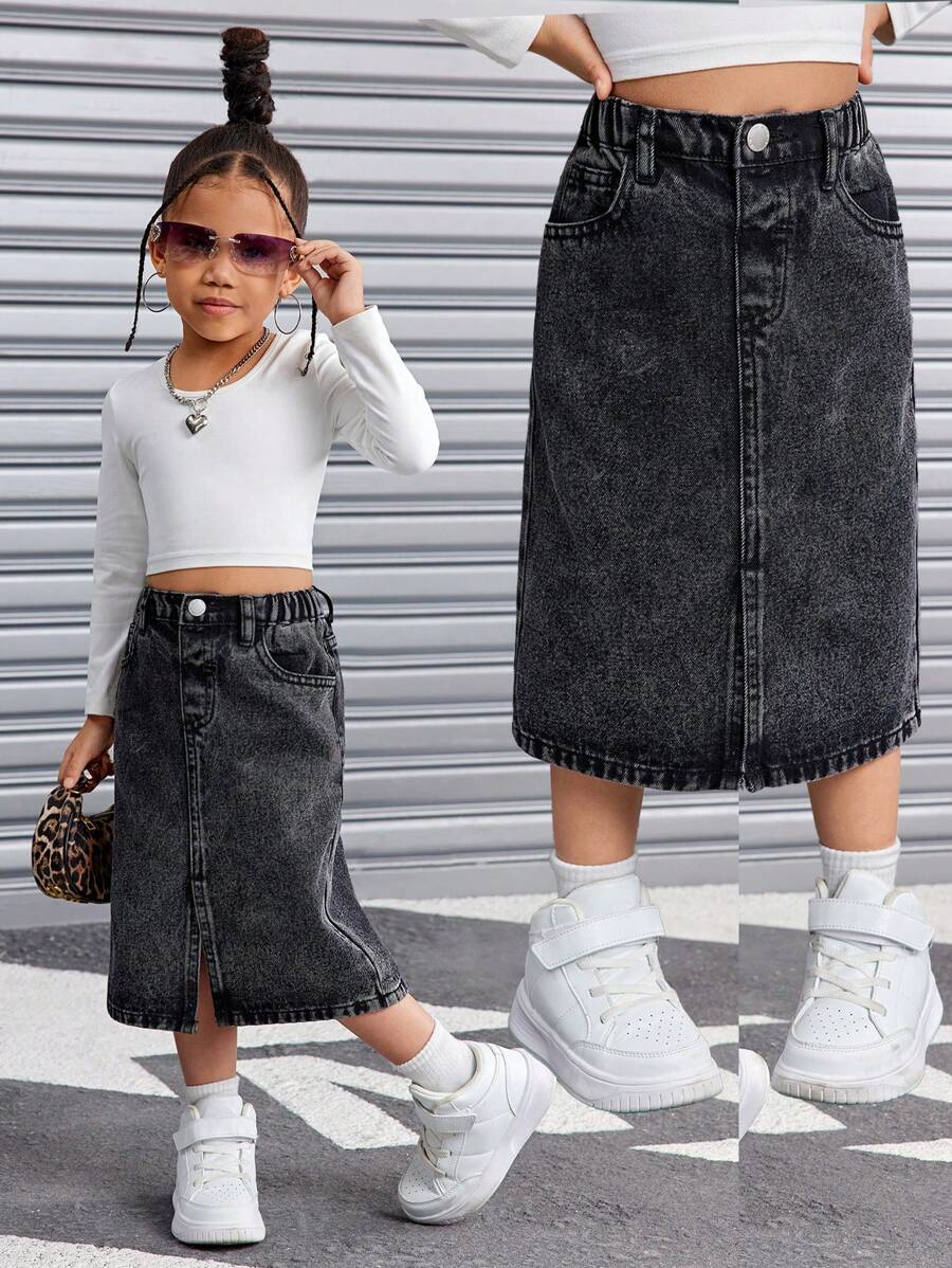 SHEIN Falda vaquera negra básica estilo Y2K para niñas jóvenes, conjunto cool/atuendo de Acción de Gracias para niñas, ropa de otoño e invierno para niñas