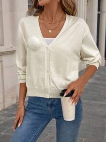 SHEIN LUNE Christmas Sweater Women's Solid Color V-Neck Button Front Casual Cardigan - White - View 6