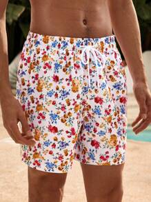 Manfinity VDAYZ 1 pieza Pantalones cortos casuales de playa con cordón en la cintura, estampado floral de estilo casual, traje de baño a juego para parejas, hawaiano