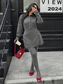 Calvaya Plus Size Women's Pearl Button Casual, Cute, Simple, Artistic, Refined, Versatile, Elegant, Personalized Long Sleeve Shirt And Skirt Set, Fashionable For Daily Commute, Spring/Autumn