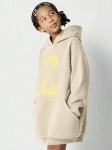 SUMWON Oversized Number 2 Print Hoodie Dress Long Comfortable Sweatshirt Athletic Fall Winter Sporty Casual Youth Club Style Streetwear