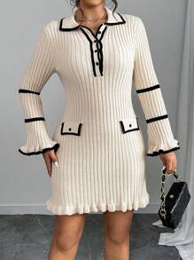 Flirla 大码优雅撞色边饰喇叭袖纽扣领修身短款毛衣连衣裙，秋冬