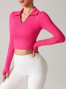 SHEIN Sovereign Charm Casual Solid Color Slim Fit Cropped Sports Polo Shirt - Hot Pink - View 3