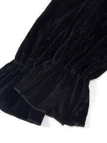 Teen Girl Solid Color Ruffle Bell Sleeve Square Neck Velvet Dress - Black - View 7