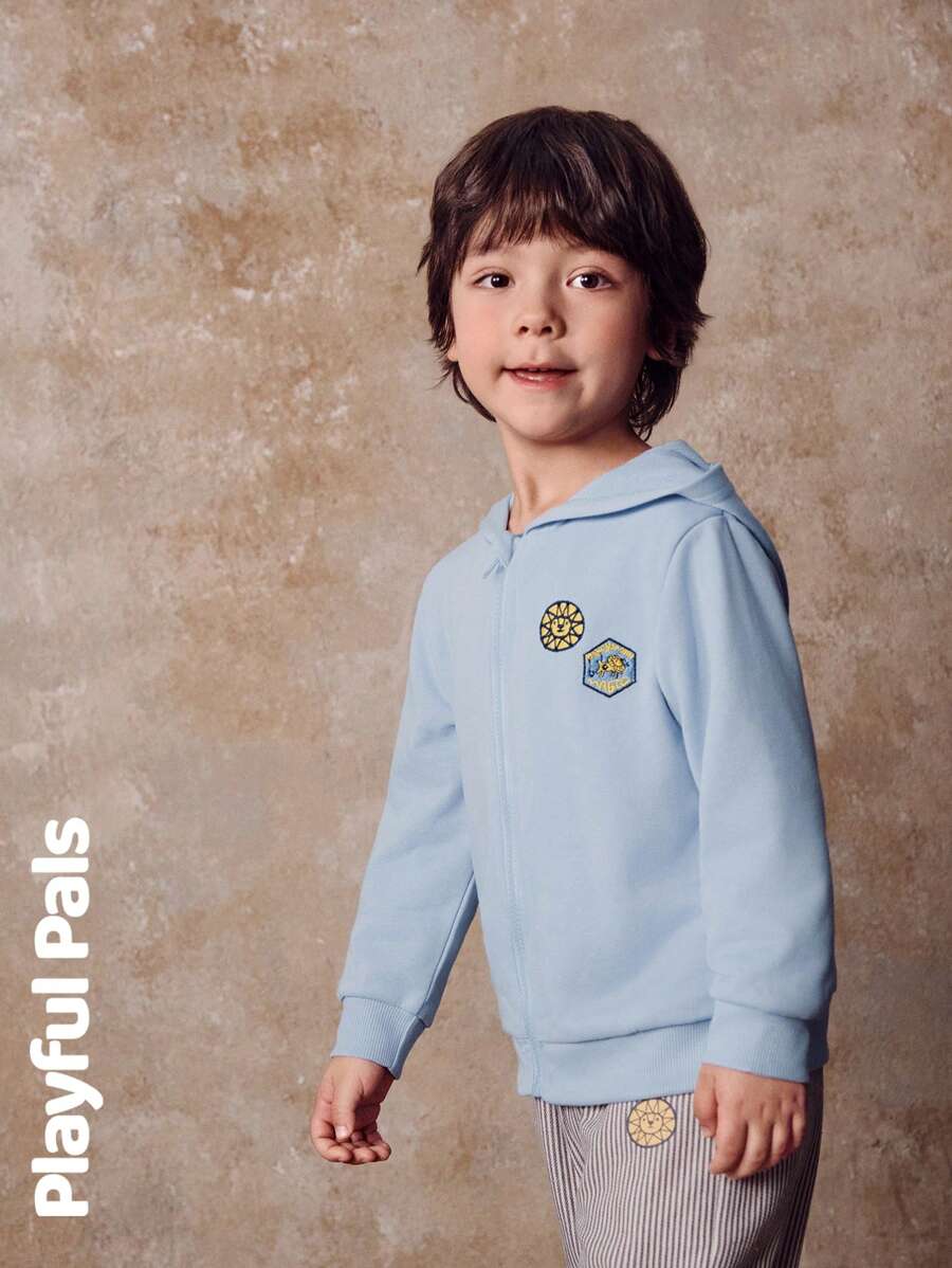SHEIN 1 Pc Young Boys Coats Lion Embroidery Badge Hooded Basic Casual Cute/Vintage/Casual/Outings Autumn/Winter/Spring Suitable For School And Outings - Baby Blue - View 1