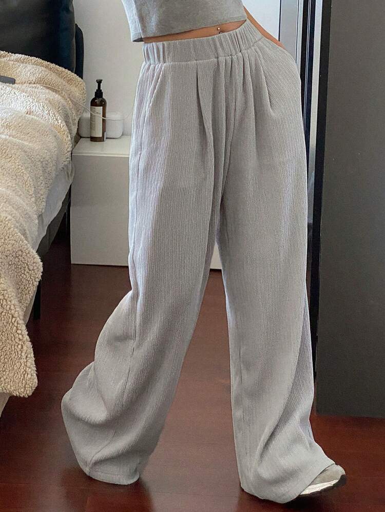 Women's Loose Textured Wide Leg Trousers, Solid Color,Women Joggers