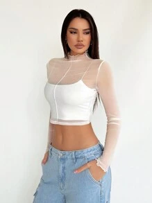 SHEIN Tall 長袖網紗透視短版性感上衣，適合高個女性 - 白色 - 查看 4