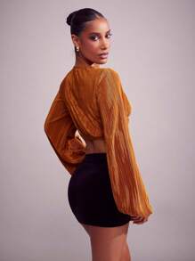 Hauture Pleated Satin Twist Detail Balloon Sleeve Crop Top, Holiday Party Top