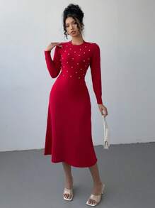 Calvaya Vestido de suéter tejido con tachuelas rojas, moda minimalista casual para uso diario