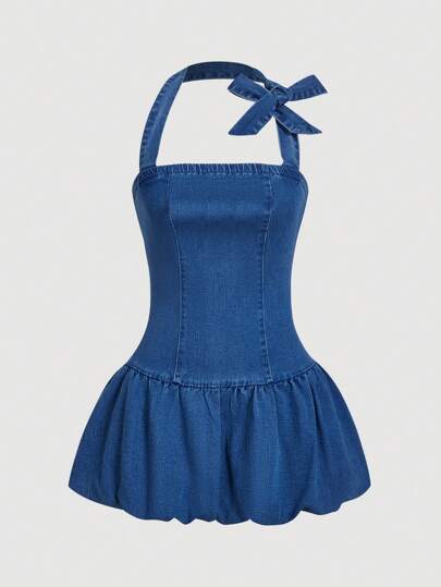 SHEIN MOD Women's Butterfly Decor Ruffle Hem Halter Neck Denim Dress