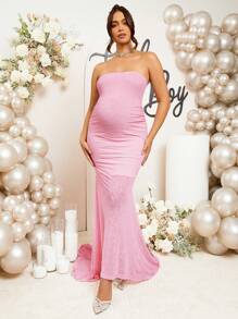 Loomaby Pregnant Women Plain Pleated Elegant Strapless Dress, For Baby Shower Party