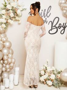 Loomaby 性别揭示连衣裙孕妇露肩长袖蕾丝美人鱼下摆优雅连衣裙婴儿洗礼连衣裙孕妇装 - 白色 - 查看 2