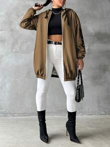 RueChic Plus Size Effen Kleur Voorkant Rits Lange Mouw Letter Print Minimalistisch Casual Hoodie