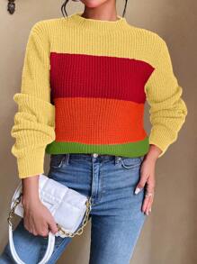 Chiquease Women's Stand Collar Long Sleeve Solid Color Splicing Casual Sweater Knit Pullover Fall Winter Sweater - Yellow - View 3