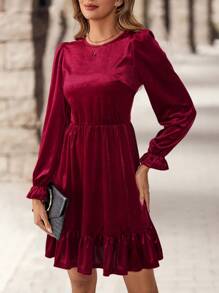 EMERY ROSE Women Elegant Solid Color Round Neck Bell Sleeve Velvet Dress For Women - Burgundy - View 4