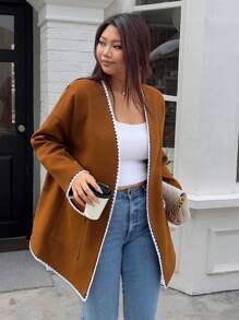 INAWLY Plus Size Women Contrast Color Block Vintage Soft Jacket, Autumn/Winter