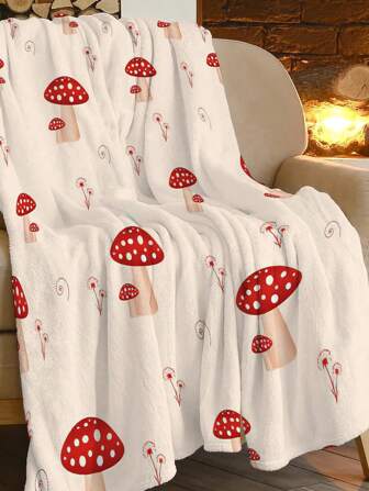 1 Pc Simple Style Flannel Blanket With Red Mushroom Pattern Plush Throw Blanket, Suitable For All Seasons, Great For Sofa, Bedroom, Office, Travel, Camping, Bedding, And An Excellent Gift For Family And Friends,Fall Decor,Autumn Decor,Room Decor