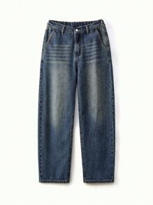 SHEIN Explorewe Teen Girls Casual Street Style Washed Slant Pocket Loose Fit Jeans - Medium Wash - View 5