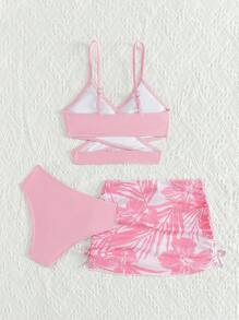 Tween Girl Tropical Printed Cross-Wrap Two-Piece Bikini Set - Pink - View 2