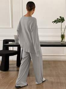 DAZY Plain Minimalist Brushed Knitted Fabric Sleepwear Set Pajama