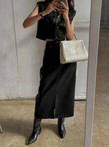 DAZY Women Solid Front Button Sleeveless Pocket Basic Top And PU Skirt 2 Pieces Set, Autumn & Winter - Black - View 3