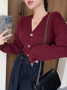 DAZY Encore Red Solid V-Neck Cardigan For Women, Valentine's Day & Chinese New Year,Fall Women Clothes - Burgundy - View 6