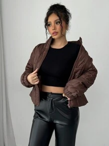 Chiquease Abrigo acolchado de mujer de manga larga con cuello alto de alta gama, de tela acolchada marrón, para otoño/invierno
