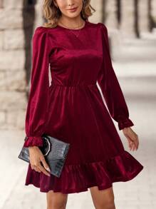 EMERY ROSE Women Elegant Solid Color Round Neck Bell Sleeve Velvet Dress For Women - Burgundy - View 3