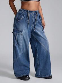 SHEIN ICON Jeans de mezclilla de trabajo con bolsillos múltiples, sin estiramiento, lavar, con botones frontales, talla grande - Azul lavado medio - Ver 6