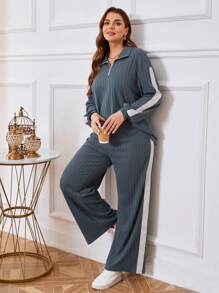 EMERY ROSE Set de 2 piezas de talla grande: Top de manga larga con cremallera delantera en color liso y parches, y pantalón largo, ropa de invierno para mujer
