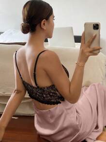 DAZY Lace Patchwork Satin Cami Backless Nightgown Pajama - Pink - View 2