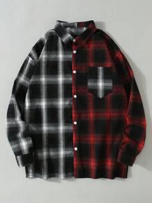 SHEIN Teenage Fashion Black & Red Plaid Long Sleeve Shirt, Spring/Summer