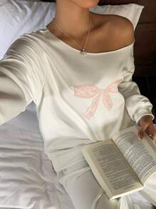 SHEIN EZwear 女士蕾丝蝴蝶结露肩宽松休闲长袖运动衫，秋冬，长袖上衣 - 白色 - 查看 6
