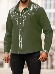 Manfinity Homme Plus Size Men's Botanical Print Long Sleeve Single Breasted Shirt, Autumn - Army Green - View 3