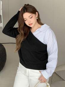 Dazy Petite Plus Color Block Patchwork Asymmetrical Knit Pullover Sweater, Black & White, Spring Autumn,Fall Women Clothes