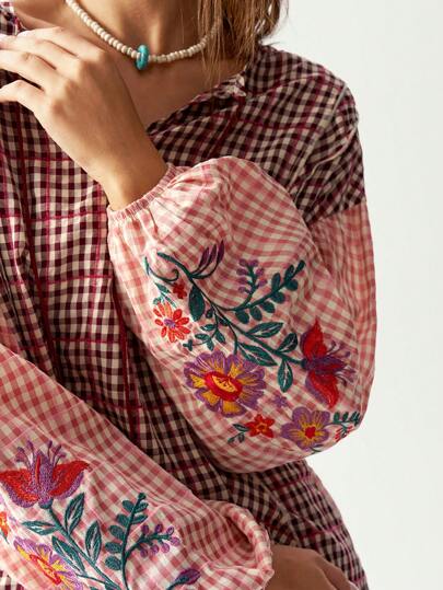 Bohemela 女士休闲编织双色格子拼布 V 领长袖宽松衬衫