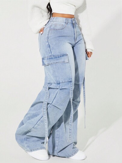 SHEIN SXY Jeans casuales con bolsillos, cierre con botones y cordón para mujer