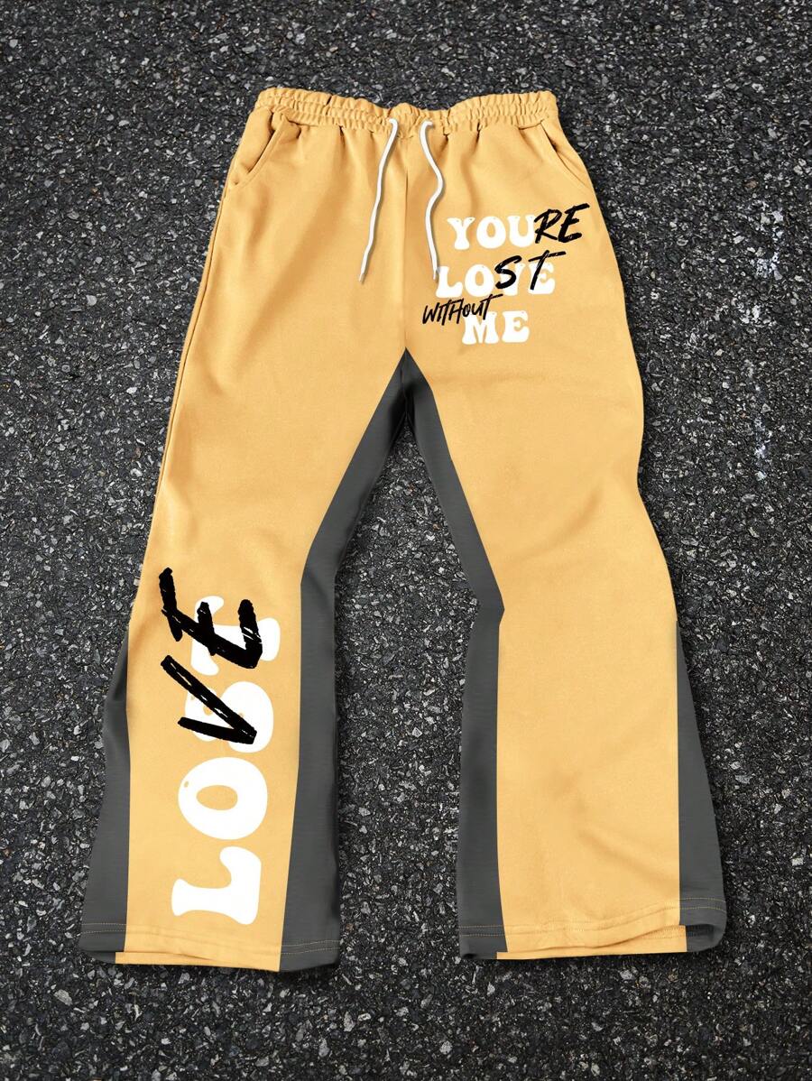 Manfinity EMRG 男式字母印花休闲前系带口袋运动裤 - 黃色 - 查看 1