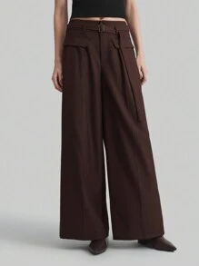 Ontre Pantalon vintage style urbain à jambes larges, taille haute avec ceinture et design de poches à rabat, marron, printemps/été pour femmes
