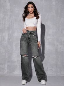 SHEIN EZwear Jeans de mezclilla casuales con bolsillo delantero con botones y efecto desgastado para mujeres