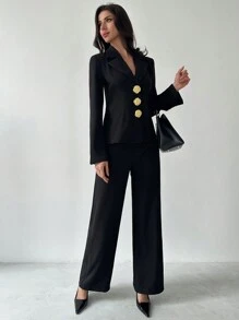 Firerie New Year Women Front Button Long Sleeve Simple Blouse And Long Pants Suit Set