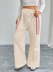 Calvaya Plus Size Effen Kleur Losse Casual Taille Trekkoord Patchwork Gestreepte Cargo Joggingbroek