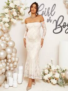 Loomaby 性别揭示连衣裙孕妇露肩长袖蕾丝美人鱼下摆优雅连衣裙婴儿洗礼连衣裙孕妇装 - 白色 - 查看 6