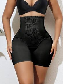 1pc Women's Solid Color High Waist Slim Fit Body Shaping Pants - Black - View 8