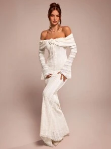 SHEIN BAE 茶歇装 甜美优雅连衣裙 露肩长袖连衣裙 约会装 3D花裙