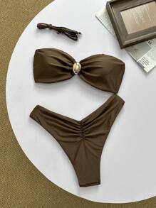 SHEIN Swim Conjuntos de Maiô Bikini Sexy com Decote Bandeau e Decoração de Metal em Cor Sólida, Verão - Café - Visão 1