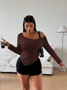 Calvaya Plus Size Casual Asymmetric Solid Color Sweater For Autumn Knit Pullover Fall Winter - Coffee Brown - View 4