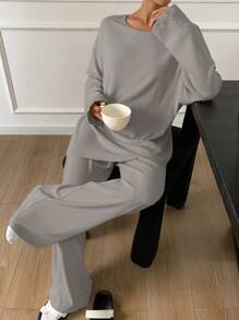 DAZY Plain Minimalist Brushed Knitted Fabric Sleepwear Set Pajama